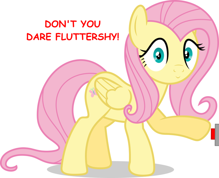 Size: 1000x812 | Tagged: safe, derpibooru import, edit, fluttershy, pegasus, pony, everything is ruined, female, fluttertroll, looking at you, pure unfiltered evil, red button, red text, simple background, smug, this will end in explosions, this will not end well, white background