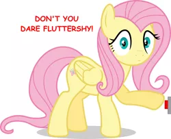 Size: 1000x812 | Tagged: safe, derpibooru import, edit, fluttershy, pegasus, pony, everything is ruined, female, fluttertroll, looking at you, pure unfiltered evil, red button, red text, simple background, smug, this will end in explosions, this will not end well, white background