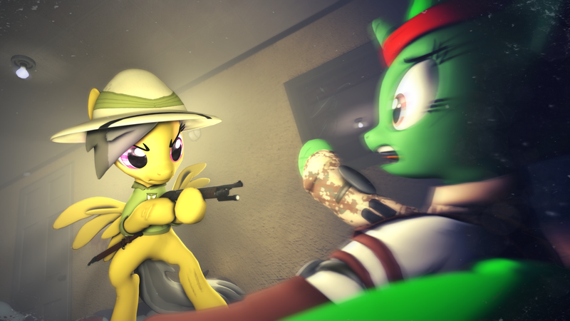 Size: 3840x2160 | Tagged: 3d, artist:seriff-pilcrow, daring do, derpibooru import, fanfic, fanfic art, fanfic:spectrum of lightning, fight, gun, remington 870, semi-grimdark, series:daring did tales of an adventurer's companion, shotgun, source filmmaker, weapon