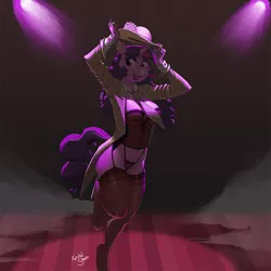 Size: 900x900 | Tagged: suggestive, artist:kevinsano, derpibooru import, twilight sparkle, anthro, unguligrade anthro, adorasexy, alternate hairstyle, beauty mark, breasts, clothes, concert, corset, cute, female, garter belt, hat, image, lingerie, lipstick, magician outfit, mare, necktie, open mouth, panties, png, sexy, smiling, socks, solo, solo female, stage, stockings, suit, tailcoat, thigh highs, thong, twiabetes, underwear