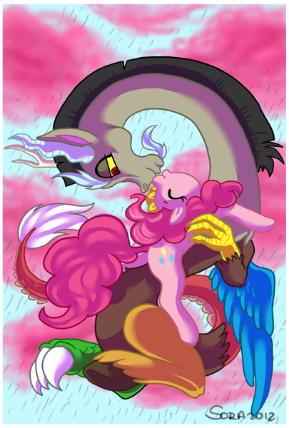 Size: 608x900 | Tagged: safe, artist:black-namer, derpibooru import, discord, pinkie pie, chocolate, chocolate rain, discopie, eyes closed, female, food, kissing, male, pink cloud, rain, shipping, straight