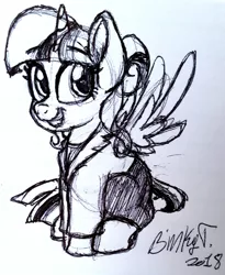 Size: 1712x2089 | Tagged: alicorn, alternate hairstyle, artist:binkyt11, blazer, chibi, clothes, derpibooru import, female, hair bun, mare, monochrome, pen drawing, safe, sketch, skirt, solo, spread wings, traditional art, twilight sparkle, twilight sparkle (alicorn), uniform, wings