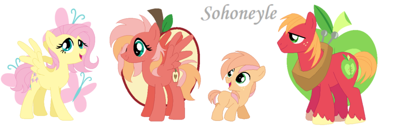 Size: 1472x472 | Tagged: safe, artist:sohoneyle, derpibooru import, big macintosh, fluttershy, oc, oc:buttershy, oc:heart apple, earth pony, pegasus, pony, alternate hairstyle, blank flank, colt, family, female, fluttermac, freckles, male, mare, offspring, parent:big macintosh, parent:fluttershy, parents:fluttermac, shipping, simple background, straight, transparent background