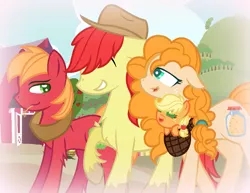 Size: 1027x792 | Tagged: safe, artist:flamingflare123, derpibooru import, applejack, big macintosh, bright mac, pear butter, babyjack, base used, brightbutter, colt, female, foal, male, shipping, straight, straw in mouth, sweet apple acres, younger