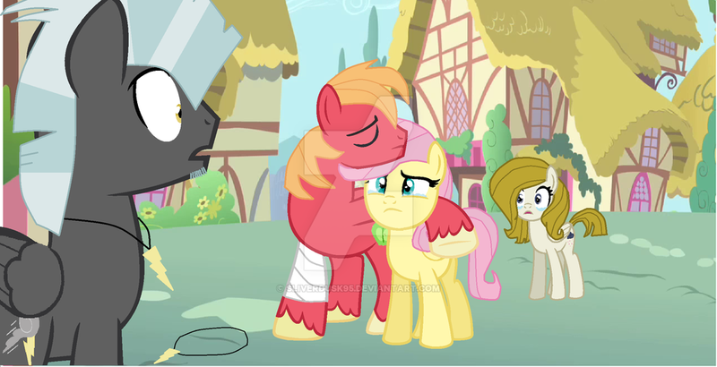 Size: 1024x525 | Tagged: safe, artist:sliverdusk95, derpibooru import, big macintosh, fluttershy, thunderlane, oc, oc:thunder heart, pony, backwards cutie mark, bandage, female, fluttermac, jewelry, male, necklace, offspring, parent:fluttershy, parent:thunderlane, parents:thundershy, shipping, story in the source, straight, teary eyes, watermark