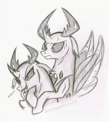 Size: 1622x1808 | Tagged: safe, artist:rossmaniteanzu, derpibooru import, pharynx, thorax, changedling, changeling, brothers, changedling brothers, duo, gray background, grayscale, hissing, king thorax, male, monochrome, pencil drawing, prince pharynx, sharp teeth, simple background, teeth, tongue out, traditional art, white background