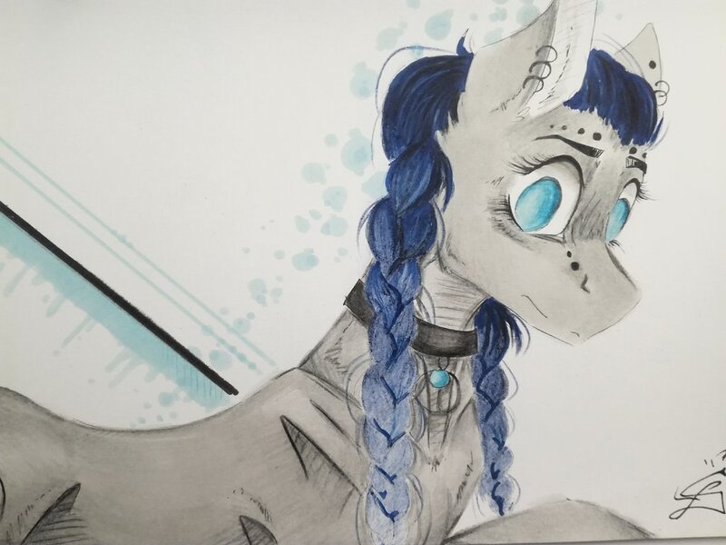 Size: 1024x768 | Tagged: safe, artist:scootiegp, derpibooru import, oc, unofficial characters only, earth pony, pony, braid, bust, choker, ear piercing, earring, female, jewelry, looking at you, mare, pendant, piercing, portrait, signature, simple background, solo, traditional art