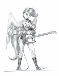 Size: 1100x1402 | Tagged: anthro, artist:baron engel, boots, breasts, casual nudity, clothes, crossed arms, derpibooru import, electric guitar, female, grayscale, guitar, looking at you, mare, monochrome, nudity, older, older scootaloo, partial nudity, pegasus, pencil drawing, scootaloo, shoes, simple background, sketch, smiling, suggestive, topless, traditional art, unguligrade anthro, white background