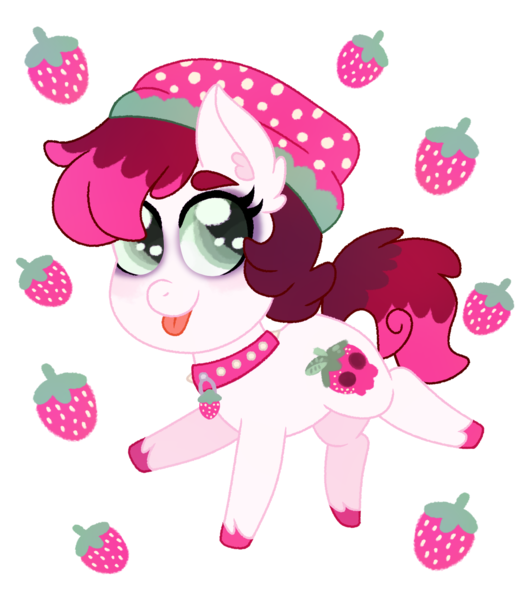 Size: 1300x1468 | Tagged: safe, artist:strawberry-spritz, derpibooru import, oc, oc:spookberry smile, unofficial characters only, earth pony, pony, beanie, chibi, choker, female, food, hat, simple background, solo, spiked choker, strawberry, tongue out, transparent background