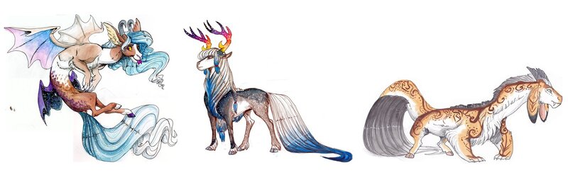 Size: 1600x493 | Tagged: safe, artist:earthsong9405, deleted from derpibooru, derpibooru import, oc, unofficial characters only, hybrid, adoptable, antlers, braid, cloven hooves, coat markings, colored hooves, floppy ears, forked tongue, four wings, interspecies offspring, large ears, offspring, parent:discord, parent:princess celestia, parents:dislestia, piebald coloring, realistic anatomy, realistic horse legs, simple background, starry wings, swirly markings, tongue out, trio, white background, wing claws