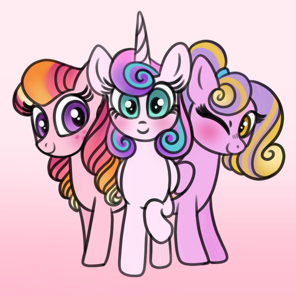 Size: 740x740 | Tagged: artist:carouselunique, derpibooru import, female, gradient background, half-siblings, half sisters, interdimensional siblings, oc, oc:honeycrisp blossom, offspring, parent:big macintosh, parent:princess cadance, parents:cadmac, parent:shining armor, parents:shiningcadance, princess flurry heart, princess skyla, safe, sisters