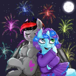 Size: 300x300 | Tagged: artist needed, safe, derpibooru import, oc, oc:shadie, oc:starline moongazer, unofficial characters only, bat pony, unicorn, bat pony oc, cutie mark, dark background, fireworks, freckles, full moon, heterochromia, moon, sitting, two toned mane