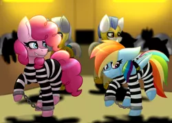 Size: 1396x1000 | Tagged: artist:king-justin, bound wings, clothes, courtroom, cuffs, derpibooru import, grin, nervous, nervous grin, never doubt rainbowdash69's involvement, pinkie pie, prisoner, prisoner pp, prisoner rd, prison outfit, prison stripes, rainbow dash, restraints, royal guard, sad, safe, shackles, smiling