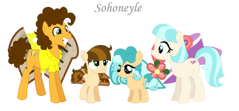 Size: 1142x530 | Tagged: safe, artist:sohoneyle, derpibooru import, cheese sandwich, coco pommel, oc, oc:craker mel, oc:ocean flower, earth pony, pony, base used, cheesecoco, colt, female, filly, male, offspring, parent:cheese sandwich, parent:coco pommel, parents:cheesecoco, shipping, simple background, straight, transparent background