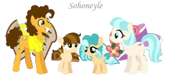 Size: 1142x530 | Tagged: safe, artist:sohoneyle, derpibooru import, cheese sandwich, coco pommel, oc, oc:craker mel, oc:ocean flower, earth pony, pony, base used, cheesecoco, colt, female, filly, male, offspring, parent:cheese sandwich, parent:coco pommel, parents:cheesecoco, shipping, simple background, straight, transparent background