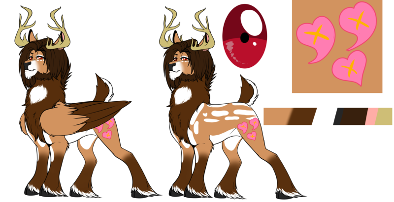 Size: 2720x1398 | Tagged: safe, artist:theecchiqueen, deleted from derpibooru, derpibooru import, oc, oc:ecchi hearts, unofficial characters only, deer, deer pony, hybrid, original species, pegasus, peryton, pony, antlers, chest fluff, eye, male, ponysona, reference sheet, simple background, smiling, stallion, transparent background