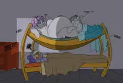Size: 2178x1474 | Tagged: artist:monterrang, bed, belly, big belly, bunk bed, burp, derpibooru import, fat, furniture abuse, huge belly, imminent crushing, large belly, limestone pie, marble pie, maud pie, maud pudge, morbidly obese, obese, pie sisters, siblings, sisters, sleep deprivation, sleeping, snuggling, suggestive, this will end in pain, this will not end well, tumblr:ask fat maud pie