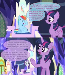 Size: 1258x1440 | Tagged: artist needed, source needed, safe, banned from derpibooru, deleted from derpibooru, derpibooru import, applejack, rainbow dash, rarity, twilight sparkle, alicorn, alicorn drama, background pony strikes again, dialogue, downvote bait, drama, drama bait, friendship throne, op is a slowpoke, op started shit, op wants attention, remake, show accurate, twilicorn spotlight drama, twilight sparkle (alicorn)