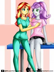 Size: 1536x2048 | Tagged: safe, artist:attentte, derpibooru import, sunset shimmer, sweetie belle, equestria girls, clothes, commission, converse, duo, duo female, female, listening, looking at each other, nurse, nurse outfit, nurse shimmer, older, older sweetie belle, open mouth, pants, scrubs, shirt, shoes, shorts, sitting, standing, stethoscope