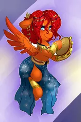 Size: 2400x3600 | Tagged: safe, artist:mimkage, derpibooru import, oc, oc:goldenfox, unofficial characters only, pegasus, pony, clothes, crossdressing, male, musical instrument, romani, smiling, solo, tambourine