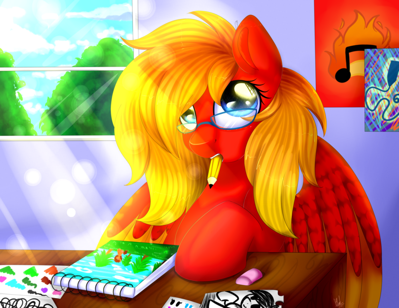 Size: 5870x4533 | Tagged: safe, artist:bl--blacklight, derpibooru import, oc, oc:sunrise tune, unofficial characters only, pegasus, pony, absurd resolution, cute, drawing, female, glasses, mare, mouth hold, ocbetes, pencil, poster, requested art, solo, sunlight, window