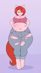 Size: 2600x4600 | Tagged: anthro, artist:stunnerpone, bbw, belly, belly button, breasts, cleavage, clothes, derpibooru import, fat, female, oc, oc:weathervane, solo, solo female, suggestive, torn clothes, unguligrade anthro, unofficial characters only, wardrobe malfunction, weight gain