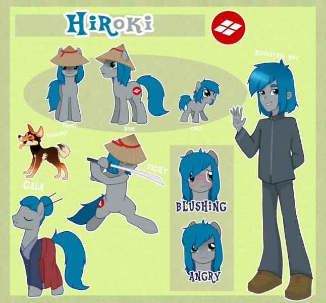 Size: 1280x1188 | Tagged: artist needed, safe, derpibooru import, oc, oc:hiroki, unofficial characters only, dog, earth pony, pony, equestria girls, clothes, conical hat, hat, katana, reference sheet, samurai, sword, weapon