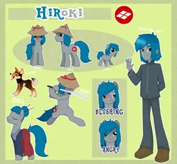 Size: 1280x1188 | Tagged: artist needed, safe, derpibooru import, oc, oc:hiroki, unofficial characters only, dog, earth pony, pony, equestria girls, clothes, conical hat, hat, katana, reference sheet, samurai, sword, weapon