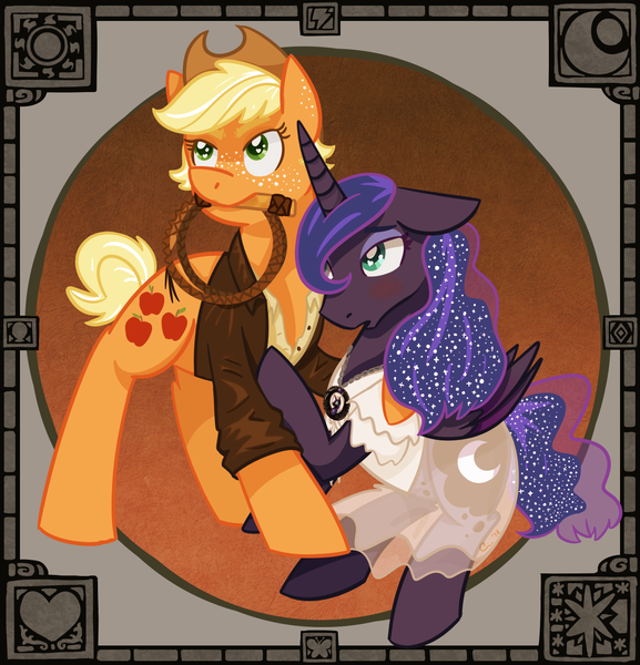 Size: 1250x1300 | Tagged: alternate hairstyle, applejack, artist:rivalcat, clothes, crossover, derpibooru import, female, heart eyes, indiana jones, jacket, leather jacket, lesbian, lunajack, princess luna, safe, shipping, wingding eyes