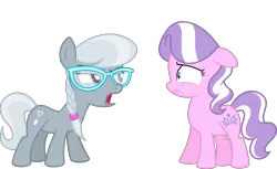 Size: 10442x6400 | Tagged: safe, artist:parclytaxel, derpibooru import, edit, editor:slayerbvc, vector edit, diamond tiara, silver spoon, earth pony, pony, absurd resolution, accessory-less edit, female, filly, glasses, missing accessory, nervous, simple background, transparent background, vector, yelling