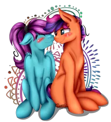 Size: 2351x2605 | Tagged: safe, artist:shamy-crist, derpibooru import, oc, oc:moonlight, oc:sunny salsa, unofficial characters only, earth pony, pegasus, pony, blushing, eyes closed, female, high res, male, mare, nuzzling, oc x oc, shipping, simple background, sitting, stallion, straight, transparent background