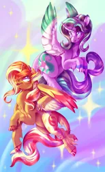 Size: 1200x1950 | Tagged: safe, artist:candychameleon, derpibooru import, starlight glimmer, sunset shimmer, alicorn, pony, alicornified, altered cutie mark, chest fluff, colored wings, colored wingtips, curved horn, duo, horn, race swap, shimmercorn, smiling, starlicorn, unshorn fetlocks, xk-class end-of-the-world scenario