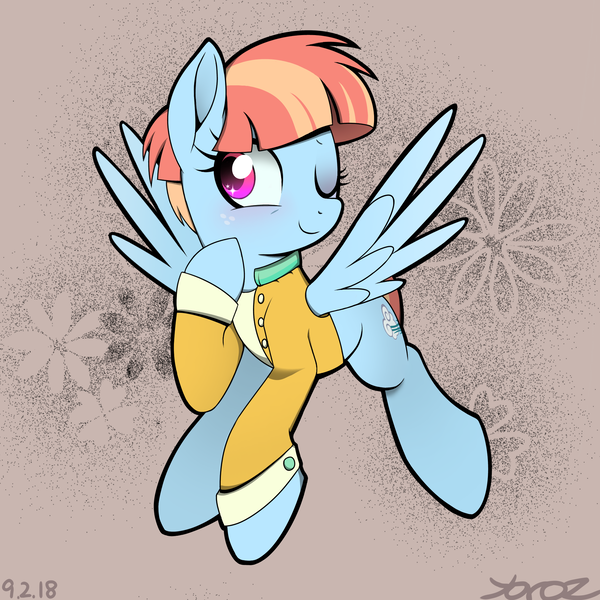Size: 2018x2018 | Tagged: safe, artist:yorozpony, derpibooru import, windy whistles, pegasus, pony, clothes, cute, female, mare, one eye closed, smiling, solo, windybetes, wink