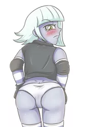 Size: 2362x3543 | Tagged: suggestive, artist:sumin6301, derpibooru import, limestone pie, equestria girls, ass, blushing, butt, clothes, dimples of venus, elbow pads, equestria girls-ified, female, limestonebutt, limetsun pie, looking back, panties, rear view, simple background, solo, solo female, stockings, thigh highs, tsundere, underwear, vest, white background, white underwear