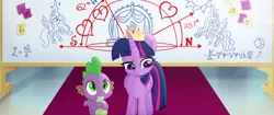 Size: 1920x804 | Tagged: alicorn, carpet, crown, derpibooru import, dragon, jewelry, math, my little pony: the movie, physics, regalia, safe, screencap, spike, twilight sparkle, twilight sparkle (alicorn), whiteboard