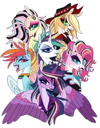 Size: 550x700 | Tagged: safe, artist:creeate97, derpibooru import, applejack, fluttershy, pinkie pie, rainbow dash, rarity, twilight sparkle, twilight sparkle (alicorn), alicorn, earth pony, pegasus, pony, unicorn, alternate hairstyle, applepunk, bust, clothes, curved horn, ear fluff, ear piercing, earring, eyebrow piercing, female, flutterpunk, hat, jacket, jewelry, leather jacket, lidded eyes, lipstick, mane six, mare, nose piercing, nose ring, open mouth, piercing, punk, punkie pie, punklight sparkle, rainbow punk, raripunk, signature, simple background, spread wings, tongue out, tongue piercing, transparent background, wings