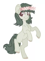 Size: 682x930 | Tagged: safe, artist:deerloud, derpibooru import, oc, unofficial characters only, earth pony, pony, chest fluff, ear fluff, female, floral head wreath, flower, looking at you, mare, raised hoof, raised leg, rearing, simple background, smiling, solo, standing, standing on one leg, white background