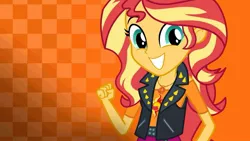 Size: 1273x717 | Tagged: safe, derpibooru import, official, sunset shimmer, equestria girls, equestria girls series, choose sunset shimmer, choose your own ending (season 1), clothes, cute, cyoa, female, fist, geode of empathy, shimmerbetes, smiling, solo