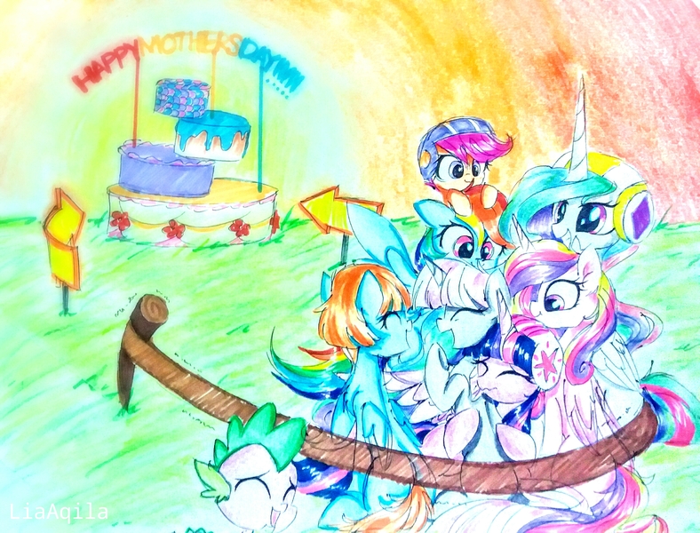 Size: 3050x2322 | Tagged: safe, artist:liaaqila, derpibooru import, princess cadance, princess celestia, rainbow dash, scootaloo, spike, twilight sparkle, twilight velvet, windy whistles, pony, arrow, cake, cakelestia, color porn, cute, cutealoo, cutedance, cutelestia, dashabetes, eyestrain warning, food, helmet, momlestia, mother's day, scootalove, sillestia, silly, silly pony, slingshot, spikabetes, twiabetes, velvetbetes, windybetes