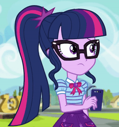 Size: 800x852 | Tagged: safe, derpibooru import, screencap, sci-twi, twilight sparkle, equestria girls, equestria girls series, text support, animated, geode of telekinesis, looking around, looking at something, loop, magical geodes, mobile phone, phone, smartphone