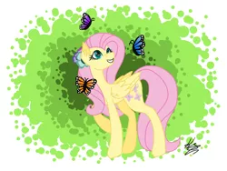 Size: 2048x1536 | Tagged: safe, artist:bubowl, derpibooru import, fluttershy, butterfly, pegasus, pony, abstract background, folded wings, head turn, looking at something, looking up, raised hoof, smiling, solo, standing, wings