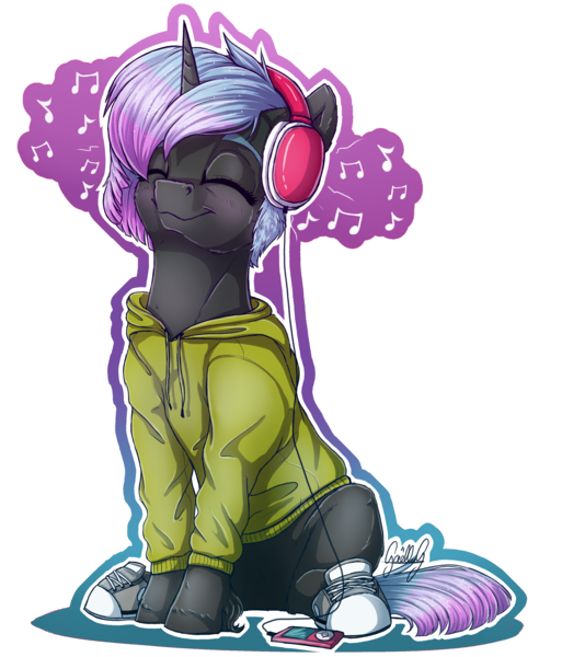 Size: 2763x3232 | Tagged: safe, artist:gaelledragons, derpibooru import, oc, oc:soundboard, pony, unicorn, clothes, commission, converse, eyes closed, female, headphones, hoodie, ipod, mare, mp3 player, music notes, shoes, simple background, smiling, solo, speedpaint available, transparent background, unshorn fetlocks, ych result