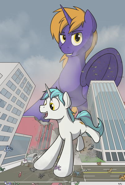 Size: 1509x2241 | Tagged: safe, artist:rapidstrike, derpibooru import, oc, oc:snap feather, oc:star bright, unofficial characters only, pony, unicorn, building, city, commission, cosmic wizard, crush fetish, destruction, enjoying, fetish, frog (hoof), giant pony, looking at you, macro, mega giant, size difference, stomping, trampling, underhoof