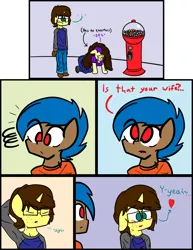 Size: 2800x3629 | Tagged: safe, artist:binary6, derpibooru import, oc, oc:happy wigglesworth, oc:kimoshy, unofficial characters only, anthro, unicorn, candy, comic, cute, female, food, freckles, girlfriend, glasses, gumball, gumball machine, husband and wife, love, male