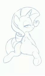 Size: 3000x5000 | Tagged: suggestive, artist:hidden-cat, derpibooru import, rarity, pony, unicorn, butt, female, looking back, mare, monochrome, plot, rearity, simple background, sketch, smiling, solo, solo female, white background