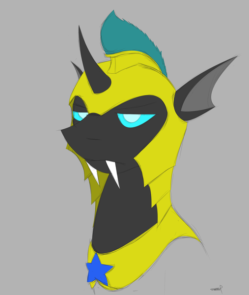 Size: 3988x4724 | Tagged: armor, artist:crazeguy, bust, changeling, derpibooru import, fanfic:the changeling of the guard, fangs, gray background, helmet, male, oc, oc:idol hooves, portrait, royal guard, royal guard armor, safe, sharp teeth, simple background, solo, teeth, unamused, unofficial characters only