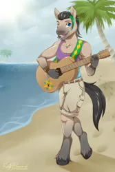 Size: 2400x3600 | Tagged: anthro, anthro oc, artist:kazibug, beach, campolina, clothes, derpibooru import, ear piercing, guitar, high res, male, oc, oc:samba volta, piercing, safe, unofficial characters only, water