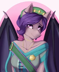 Size: 2175x2681 | Tagged: safe, artist:fairdahlia, derpibooru import, oc, oc:tenebra von umbram, unofficial characters only, anthro, bat pony, anthro oc, bat pony oc, bust, clothes, commission, female, high res, looking at you, mare, simple background, slit eyes, smiling, solo