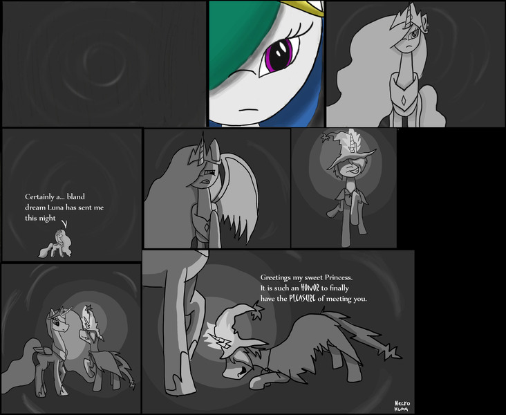 Size: 2383x1952 | Tagged: alternate timeline, artist:necrokuma, comic series, comic:the relic of disharmony, derpibooru import, oc, original art, princess celestia, safe