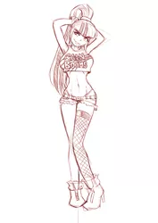 Size: 848x1200 | Tagged: suggestive, artist:kandlin, derpibooru import, sonata dusk, equestria girls, arm behind head, armpits, belly button, boots, breasts, busty sonata dusk, clothes, curvy, daisy dukes, female, grin, halter top, high heel boots, high heels, hourglass figure, midriff, monochrome, panties, shoes, shorts, simple background, sketch, smiling, socks, solo, solo female, spiked wristband, thigh highs, thong, underwear, wide hips, wristband